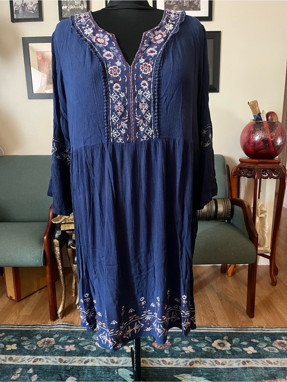 Knox Rose Navy Blue Floral-Trim Midi Dress